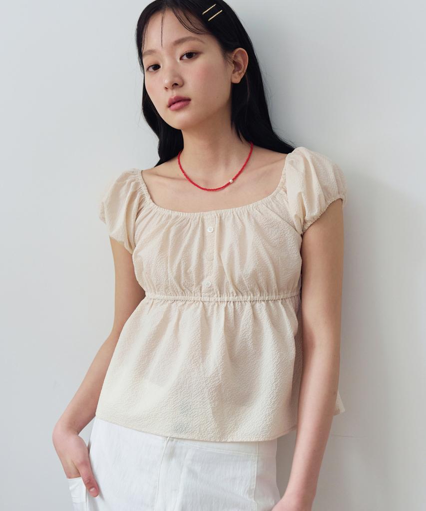 KNIZURE Puff Sleeve Shirred Blouse_Butter