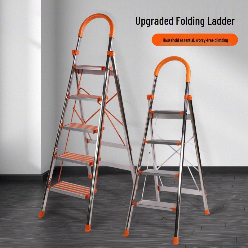 Portable Aluminum Herringbone Folding Ladder - Single-Sided, Stainless Steel & Safety-Enhanced Tread