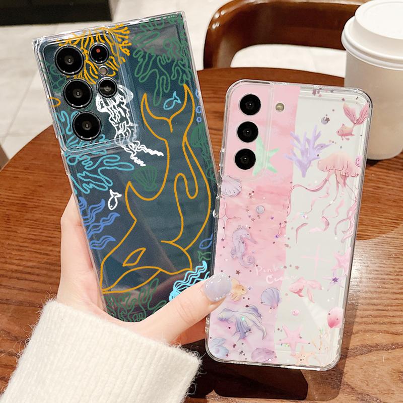 Coque Tendance Style Océan Motif Baleine Pour Samsung S26 S25 Ultra S24 Plus S22 S23 S21 FE A54 A15 A35 A55 A16 A36 A56 A17 A37 A57 5G Housse Souple Transparente