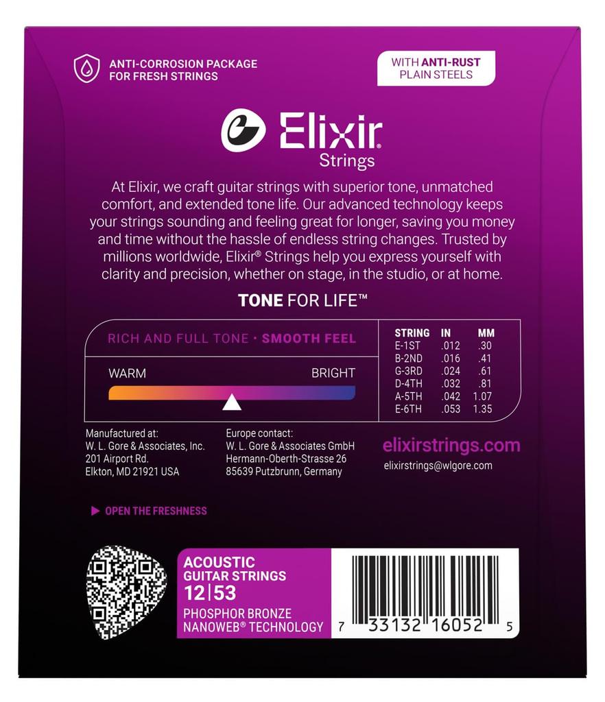 Cordas Elixir para Violão Acústico NANOWEB Bronze Fosforoso Leve .012-.053 #16052 (2 pacotes) [Produto Original Nacional]