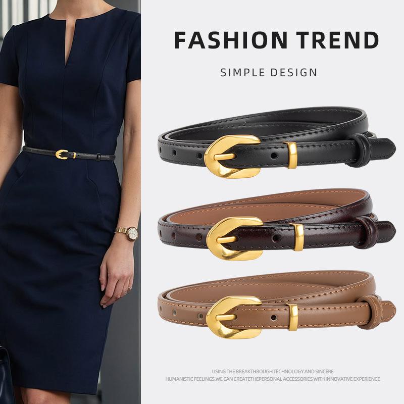 Niche Popular Genuine Leather Black Thin Belt Women's Decorative Dress Retro Gold Buckle Versatile Belt Women's Style
