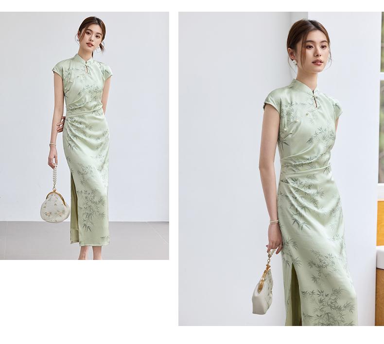 Summer "Smoke Rain Jiangnan" Jade Green Bamboo Printed Cheongsam New Chinese Side Split Dress