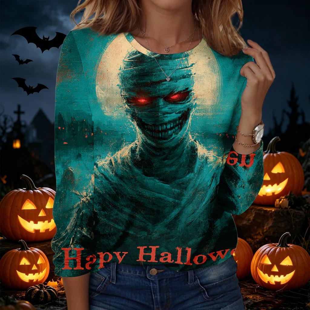Womens Halloween Graphic Pullover Sweatshirt Long Sleeve Crewneck Casual Top Lightweight Soft Fabric