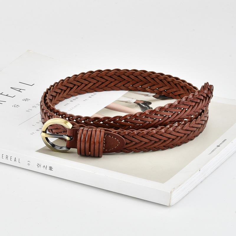Women's Hand-woven Thin Belt Round Alloy Buckle Dress Belt Trendy Decorative Belt Women
