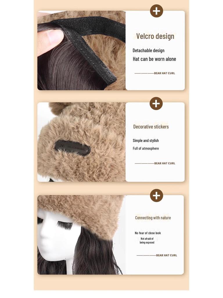 Damska odpinana czapka z misiem z długą kręconą peruką na jesień/zimę - ciepłe okrycie na całą głowę