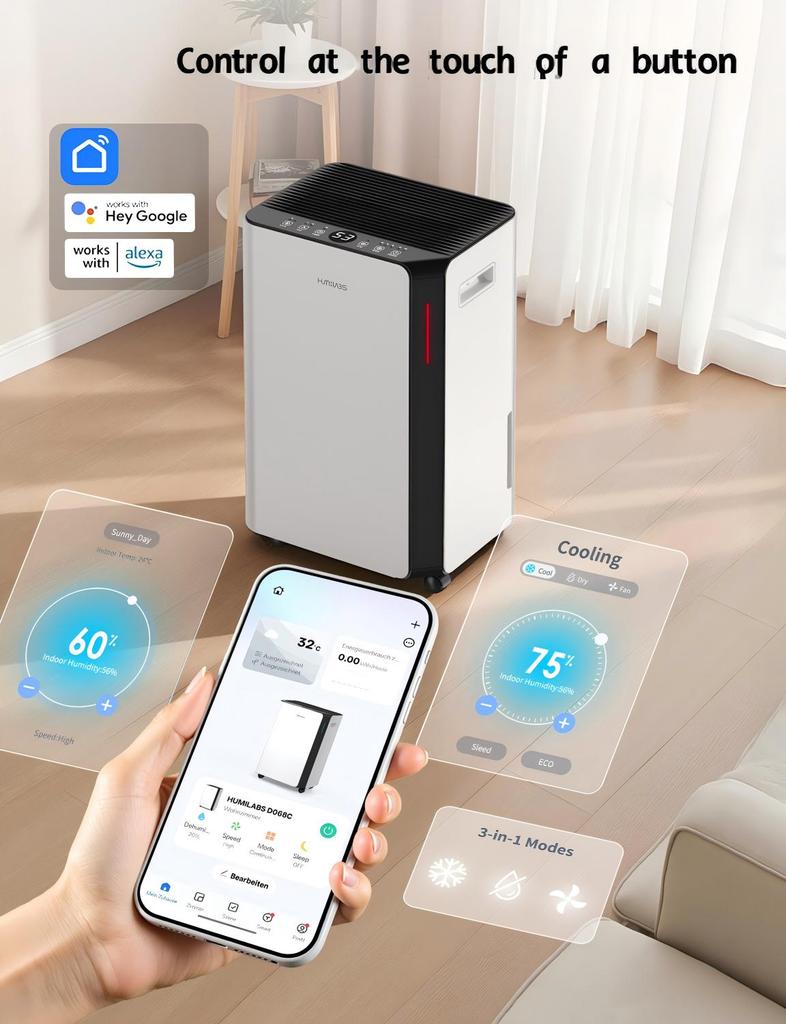 HUMILABS OL20-BD068CF 20L Dehumidifier, Wi-Fi & App Control, 4.5L Water Tank, 3 Operating Modes, 24 Hour Timer, Coverage Area 60m²