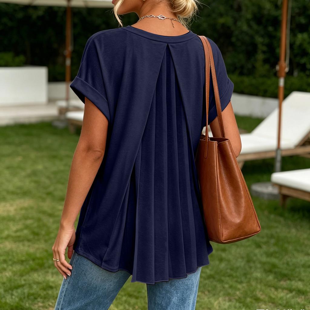 Women's Summer Short Sleeve Top V Neck Back Pleated Detail Lightweight Blouse Casual Loose Fit Shirt for Daily Wear