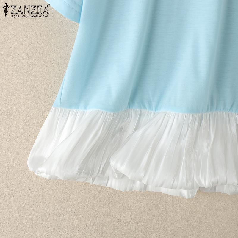 ZANZEA Women Casual Round Neck Short Sleeve Loose Patchwork Blouse