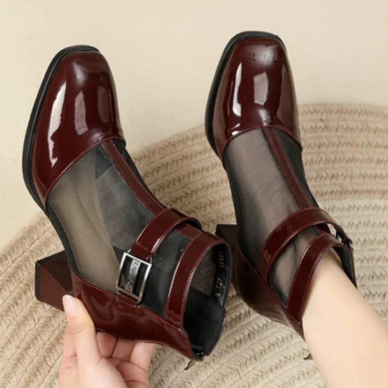 

Fashion Cool Boots Spring New Square Head Splicing Mesh Metal Buckle Back Zipper Anti-slip Wear-resistant Short Boots 35 вино красного