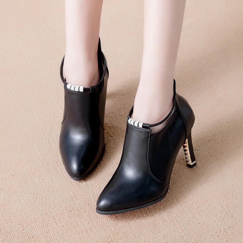 Fashion Rhinestone Detail Women's Pointed Toe Ankle Boots | Synthetic Ultrahigh Stiletto Heels, Casual Dress Style with Back Zipper, Metal Thin Heel