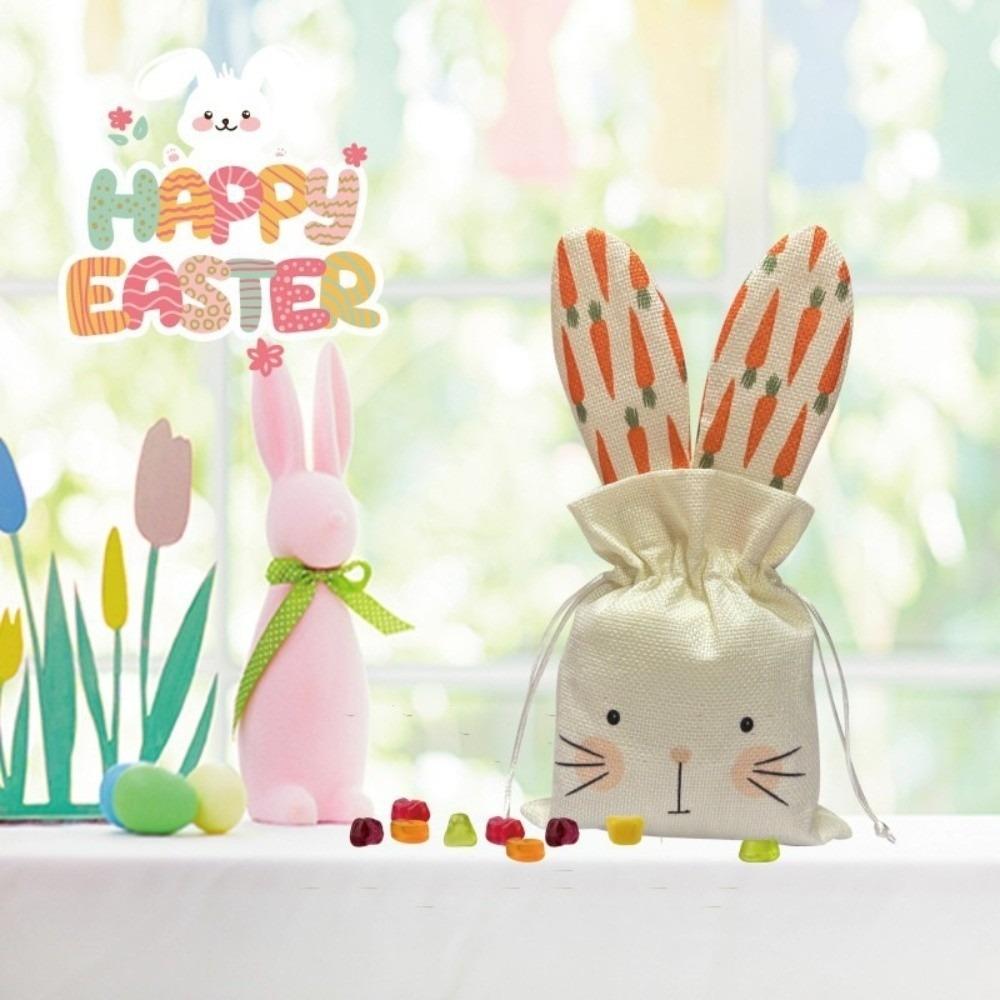 2pcs Linen Material Easter Bunny Treat Bag Rabbit Ears Design Adorable Rabbits Decor Linen Drawstring Bags Drawstring Closure