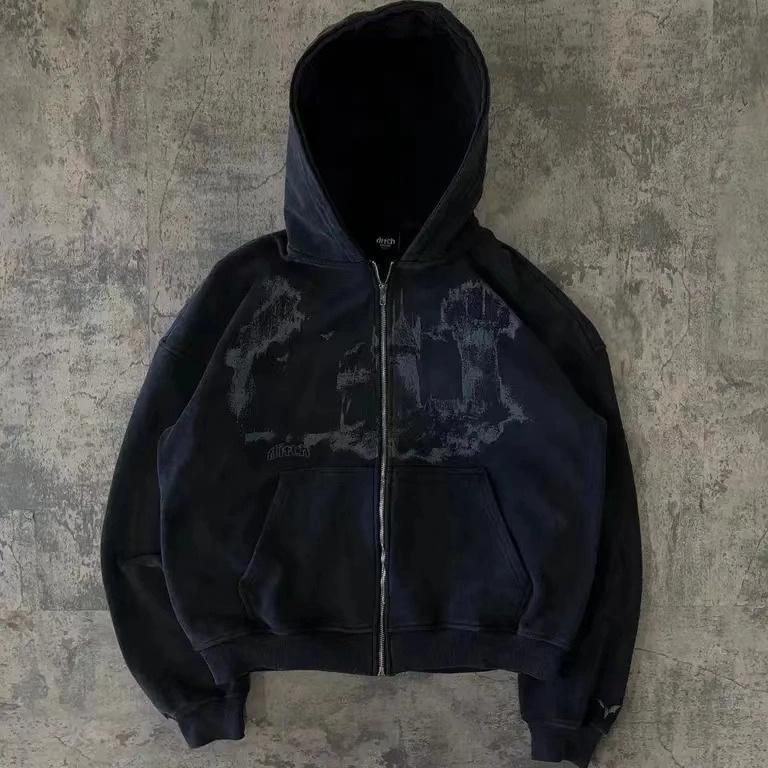 Harajuku 2025 Y2K Kapuzen-Reißverschluss-Sweatshirt-Cardigan mit Graffiti-Print - Langärmlig Übergröße