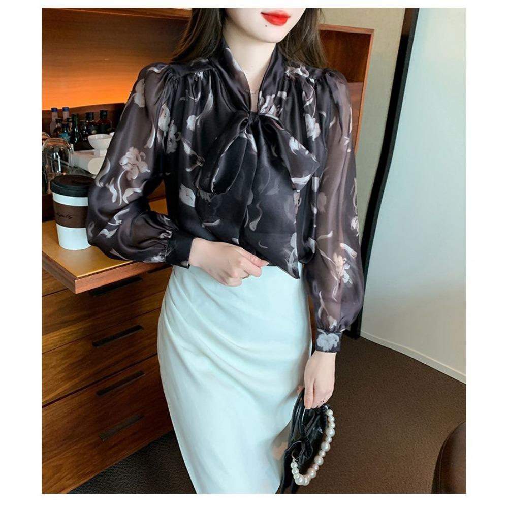 Gentle French Bow Top Women's Long Sleeved Floral Chiffon Shirt New Chic and Stylish Small Shirt