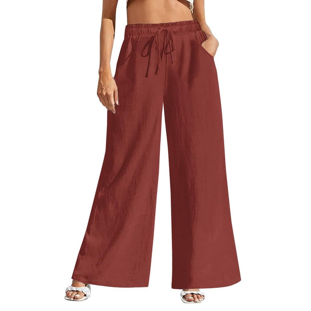 Linen Casual Wide Leg Pants For Women Elastic Waist Versatile Business Casual Work Palazzo Trousers With Pockets