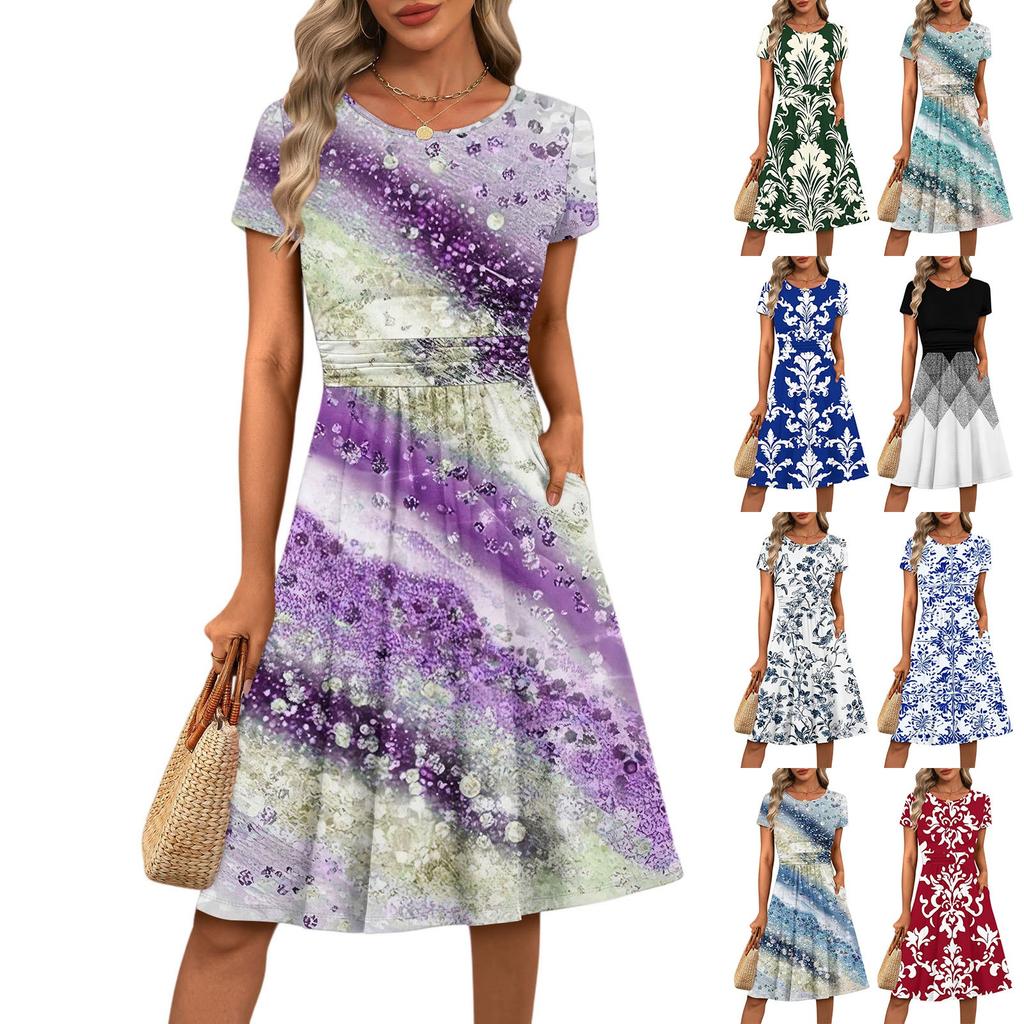 Women's Casual Fashion Round Neck Pleated Short Sleeve Floral Print A-Line Midi Dress