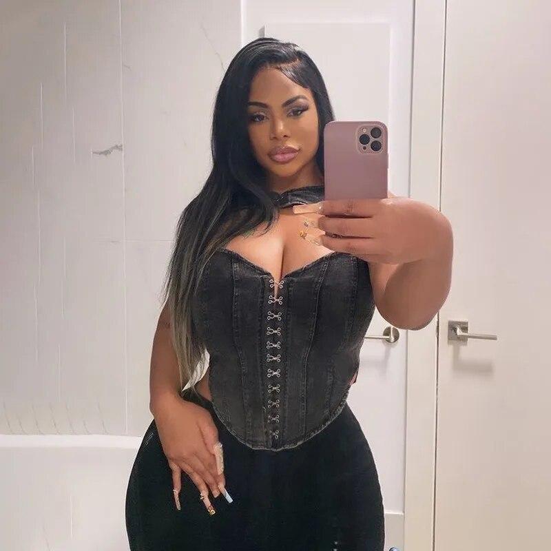 Vintage Blue Denim Hollow Out Sexy Tank Top For Women Fashion Sleeveless Crop Tops Woman Chic Buckle Slim Fit Corset Tanks 30726