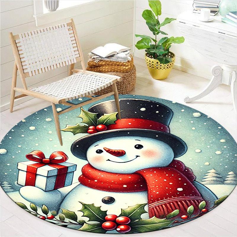 1pc Soft, Absorbent & Non-Slip Snowman Holding A Gift Round Rug, Perfect for Entryway, Living Room, Bedroom Decor, Machine Washable Flannel