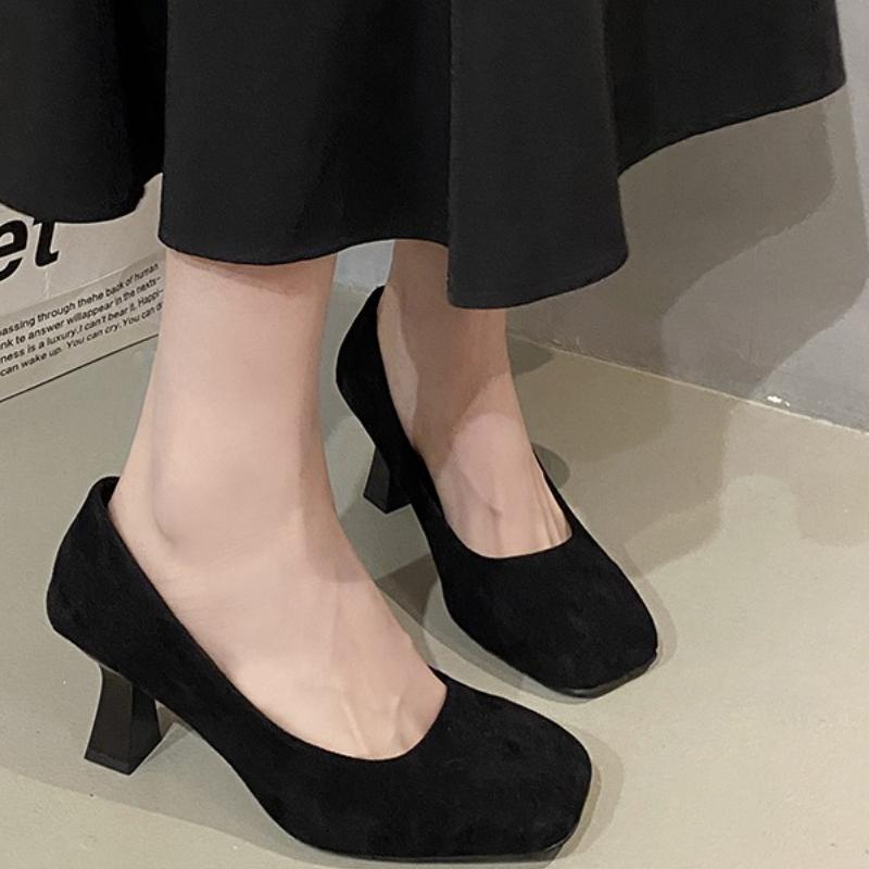 

Новые лаконичные туфли-лодочки из замши коровы с квадратным носком и высоким каблуком для женщин, на заказ, с неглубоким вырезом, на толстом каблуке, слипоны, Zapatos Mujer 35-40 35 чёрный