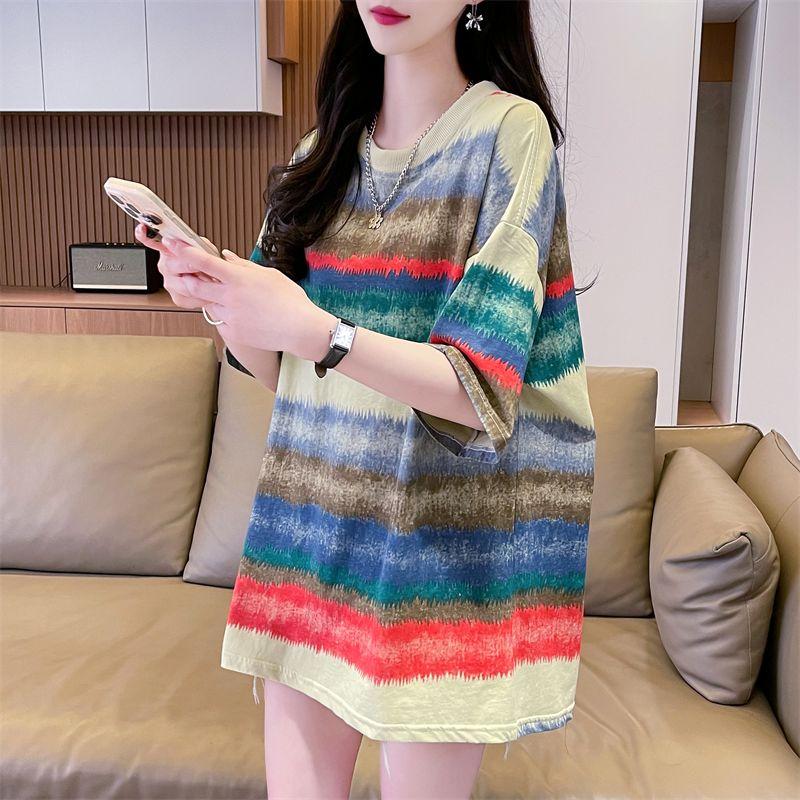 

Women s Oversized Tie-Dye Stripe T-Shirt Casual Loose Short Sleeve Tee L зелений