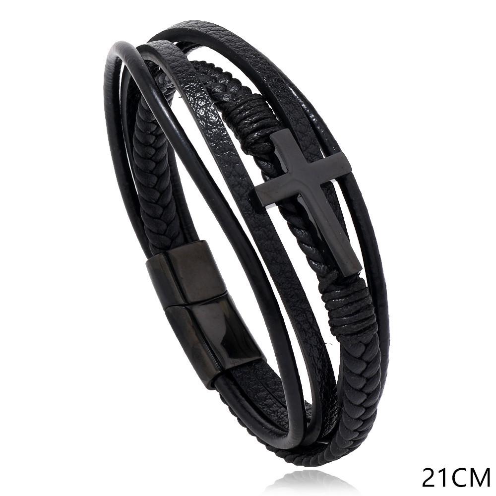 Korean Style Multi-Layer Leather Braided Bracelet with Magnetic Buckle - Men's Imitation Leather Jewelry