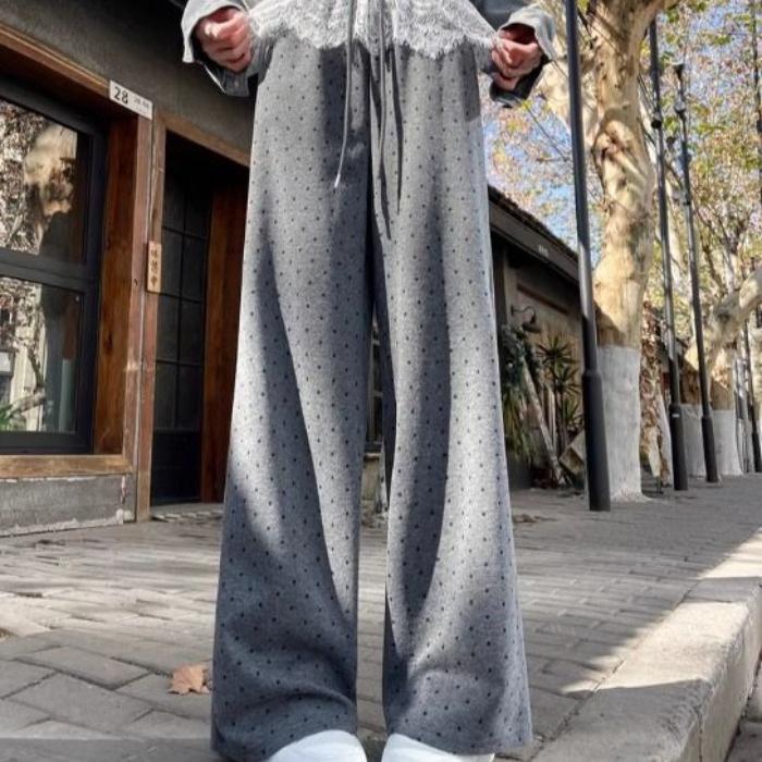 Lace Patchwork Polka Dot Wide-Leg Pants for Women - 2025 Spring/Autumn Casual Loose Straight Floor-Length Design