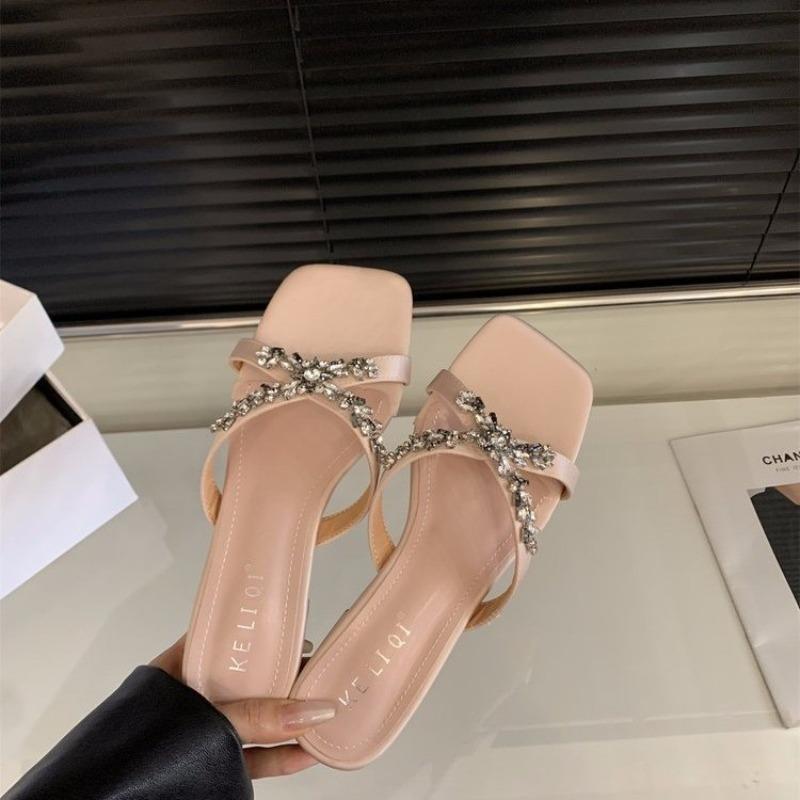 Fashion Hot Selling 2025 Summer Wear Rhinestone Crossover with Open Toe Square Toe Slippers for Women Small Block Heel Low Heel Slippers