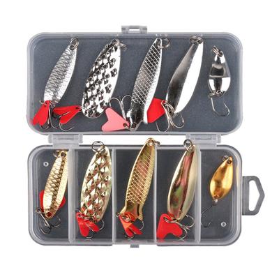 10Pcs Fishing Metal Spoon Lure Kit Set Gold Silver Baits Sequins Spinner Lures