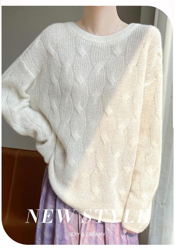 Women's Round Neck Chunky Knit Cashmere Sweater with Sequins, Long Sleeve Fashionable Top for Autumn & Winter