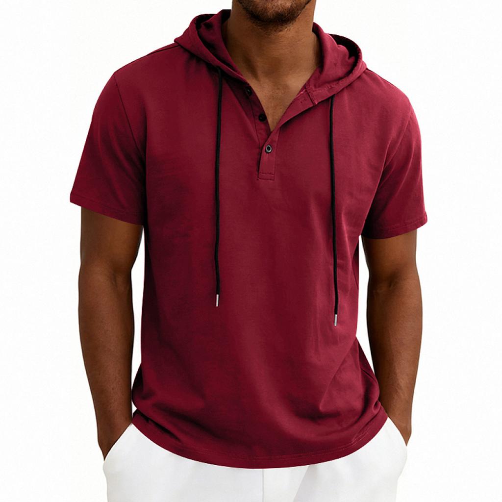 Men’s Short Sleeve Hooded T Shirt with Button Placket Casual Pullover Lightweight Drawstring Hoodie Top for Everyday Wear