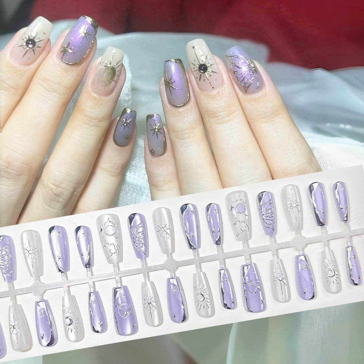 

Niche Luxury Fairy Style Press-On Nails: Crystal Cat Eye Purple Gilded French Design