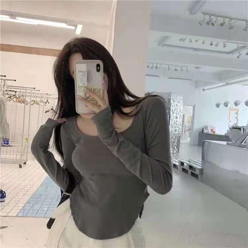 

Женские однотонные футболки с длинными рукавами и квадратным воротником, весенне-осенние новые тонкие повседневные топы с U-образным подолом, рубашки для девочек XL серый