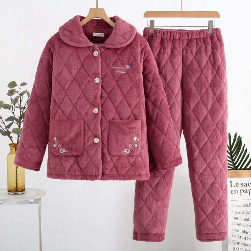 Three-layer Thickened Fleece Padded Pajamas Women's Winter Coral Fleece Extra Thick Hunan Loungewear