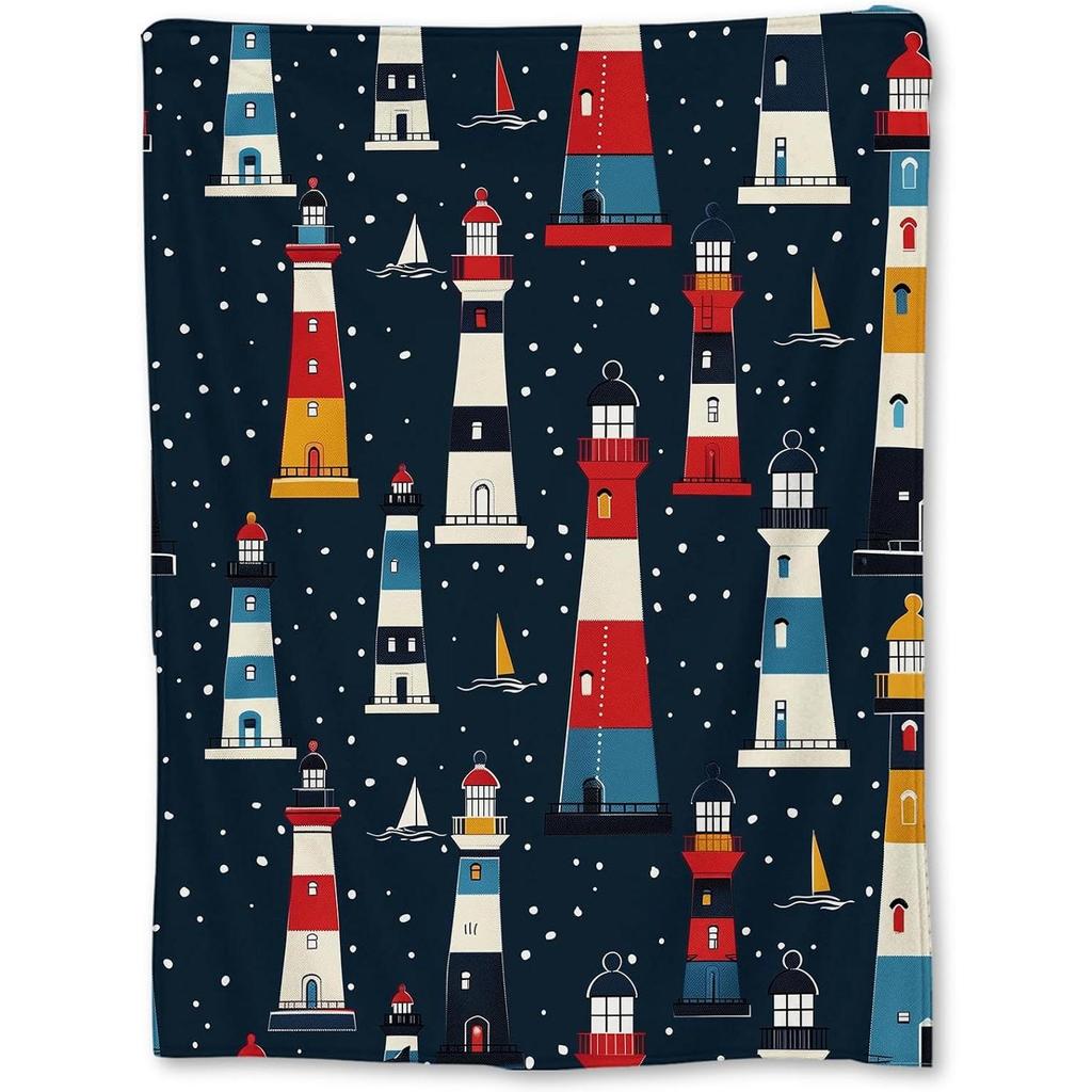 Colorful Lighthouse Blanket - Soft Lightweight Cozy Nautical Flannel Throw Blanket for Adults Kids Women Girls, Warm Fuzzy Blank
