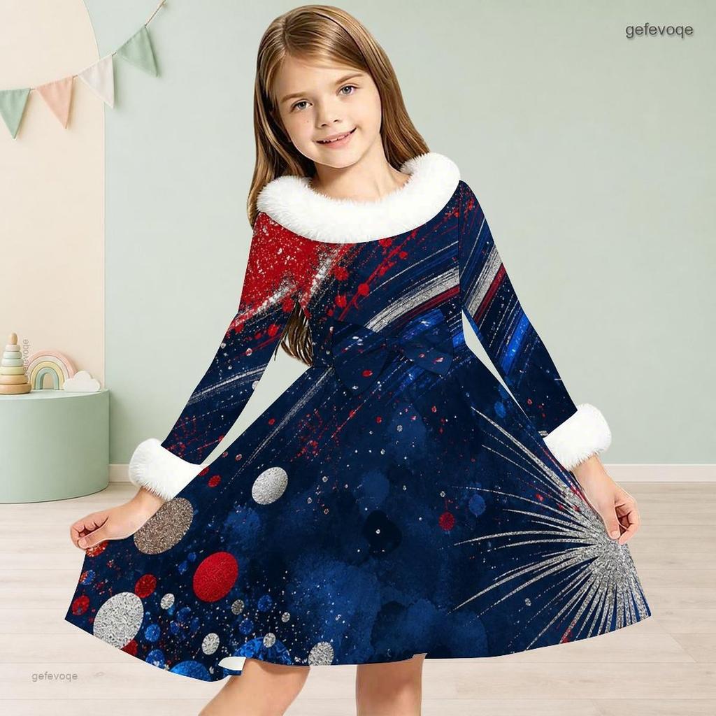 Girls Furry High Neck Long Sleeve Bow Waist Printed Red Blue White Star A Line Flared Dress