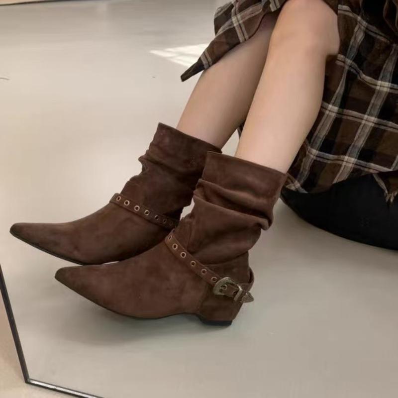 New Style Woman Ankle Boots Autumn Suede Pleated Women Pointed Toe Western Cowboy Boots Fashion Short Luxury Boots