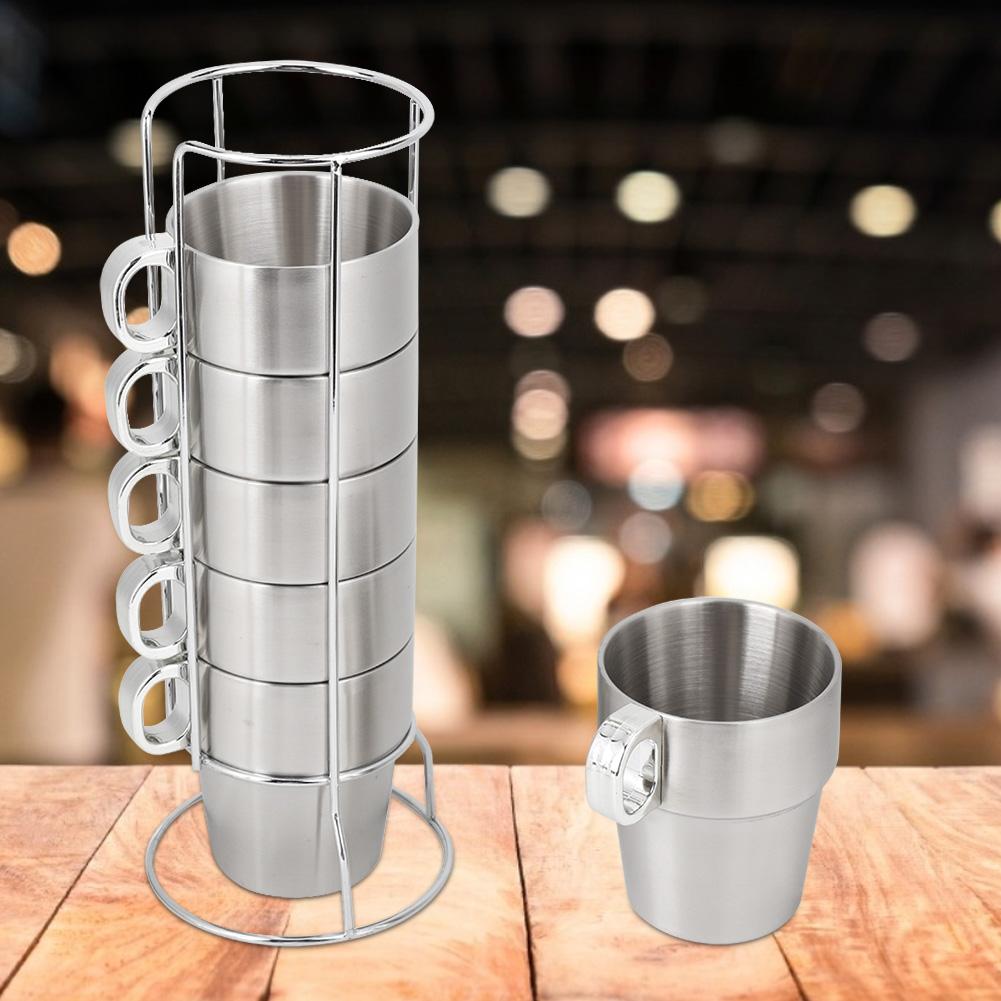 

Double Layer Anti Scald Stainless Steel Stackable Water Coffee Cup Set with Cup Holder Stand