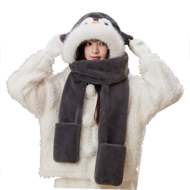 Penguin Ear Protection Hat, Scarf & Neck Warmer Women's 3-Piece Winter Set