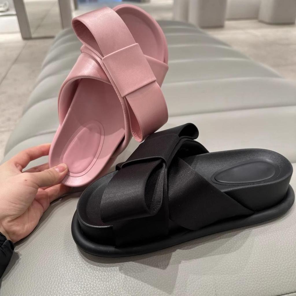 2025 Summer Butterfly-knot Slippers Sweet Pink Round Toe Pull-on Thick-sole Bow Flip Flops Women's Outdoor Dress Shoes
