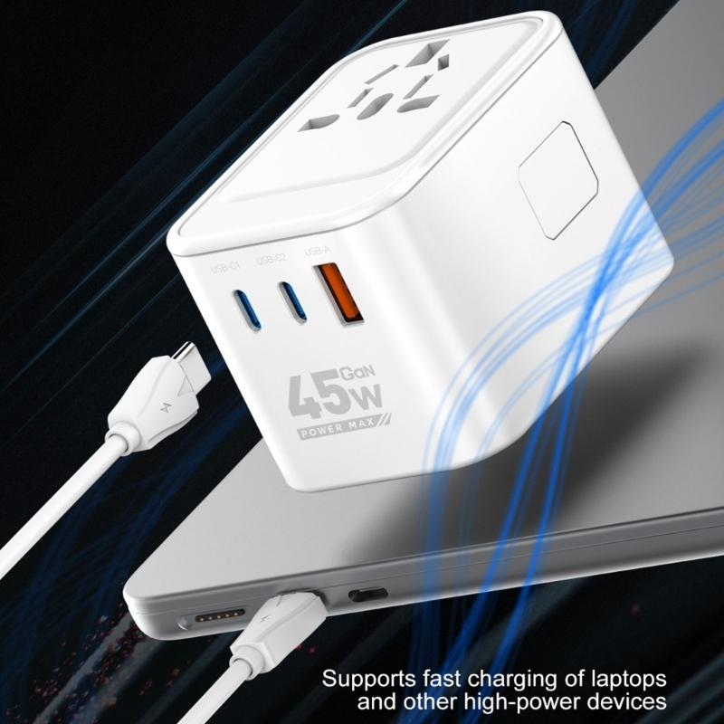 45W 65W Worldwide Travel Plugs Adapter Supports Over 300 Countries with Two USB C and USB A Port