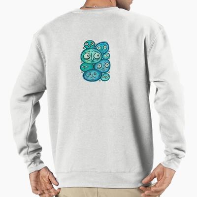Unisex Cotton Sweater Pullover Hoodie Printed Sweater Teal Weird Faces Retro Doodle Art Pullover Sweatshirt Casual Long Sleeve Sweatshirt