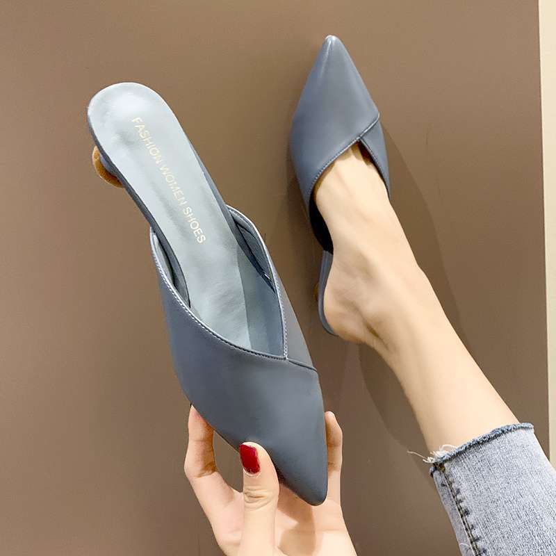 Summer bag head slippers women's fashion thick heel low heel sandals versatile student pointed small heels half drag