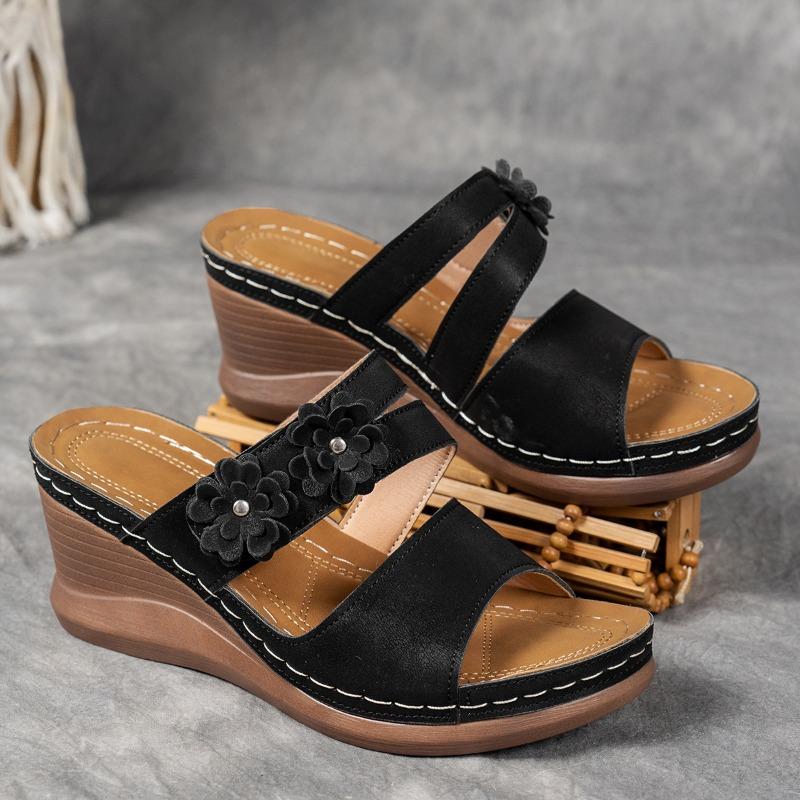 Summer New Flower Sewing Line Thick-soled Slippers Solid Color Wedge Heel Light Beach Slippers Women