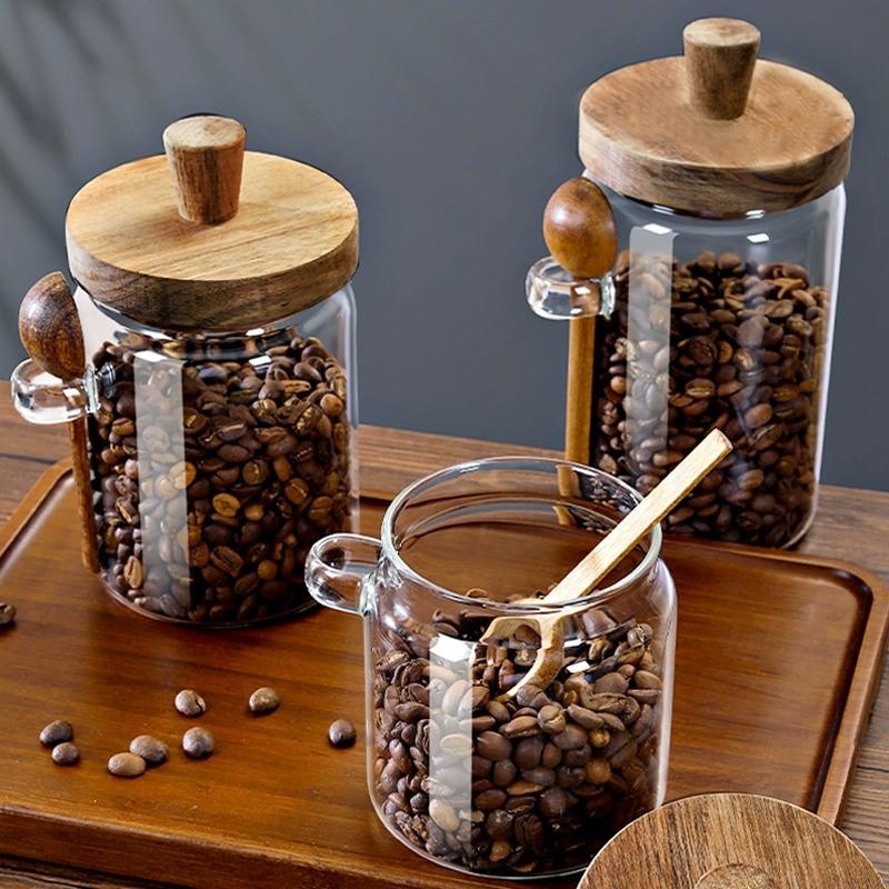 Glass Storage Jar with Wooden Lid and Spoon, Clear Coffee Bean Container for Kitchen Pantry, Airtight Food Canister for Tea Nuts