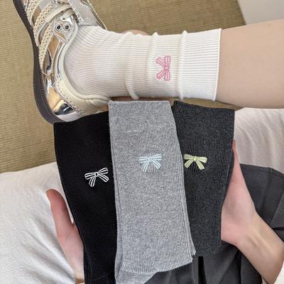 Embroidered Bow Socks Stacking Socks Season Pure Cotton Boneless Double Needle Cute Cotton Medium Tube Socks Women