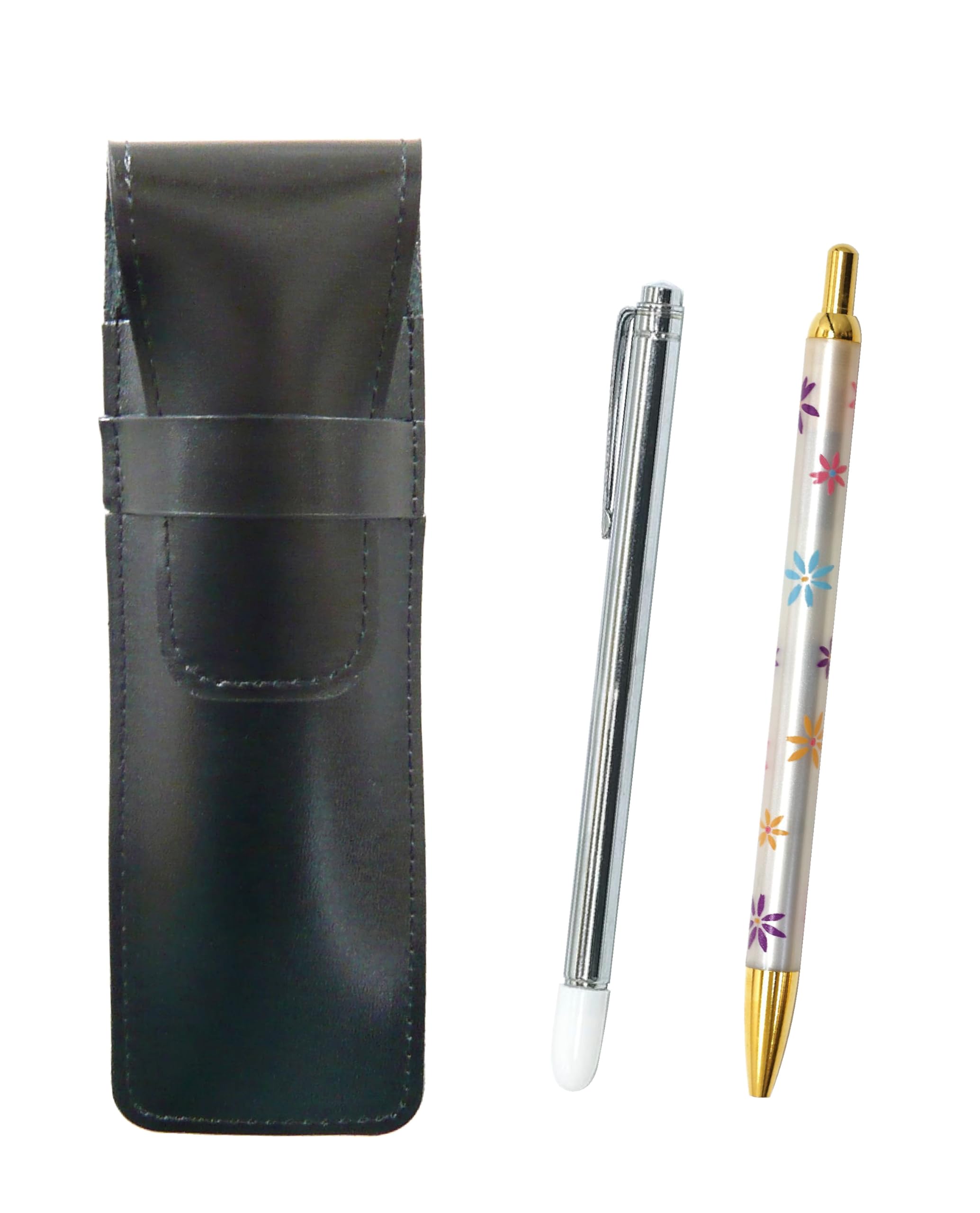 

Slim black leather pen case with metal pointer and floral ballpoint pen set (ASB-701S-HS380B)