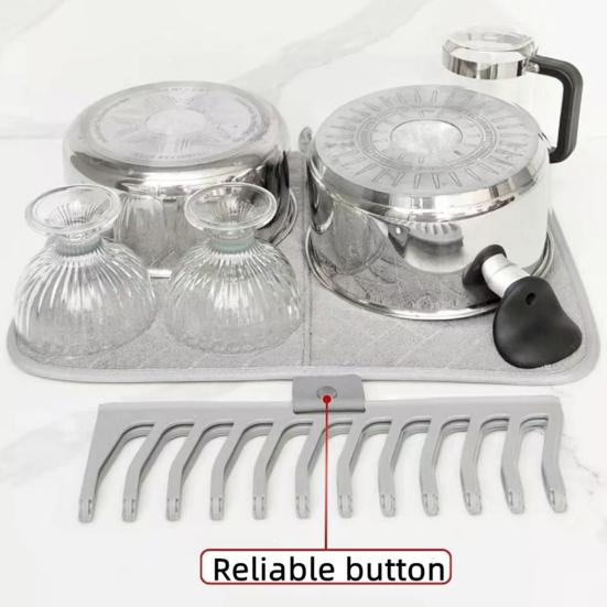 Foldable Dish Drying Mat Super Absorbent Microfiber Drain Pad Stackable Shelf Design Non-Slip Kitchen