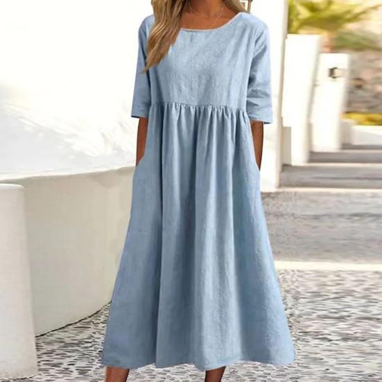 Strandkleid Kurzarm Rundhalsausschnitt Tasche Knitterarm Lässig Alltagskleidung Leinen Einfarbig Damenkleid Urlaubsaccessoire