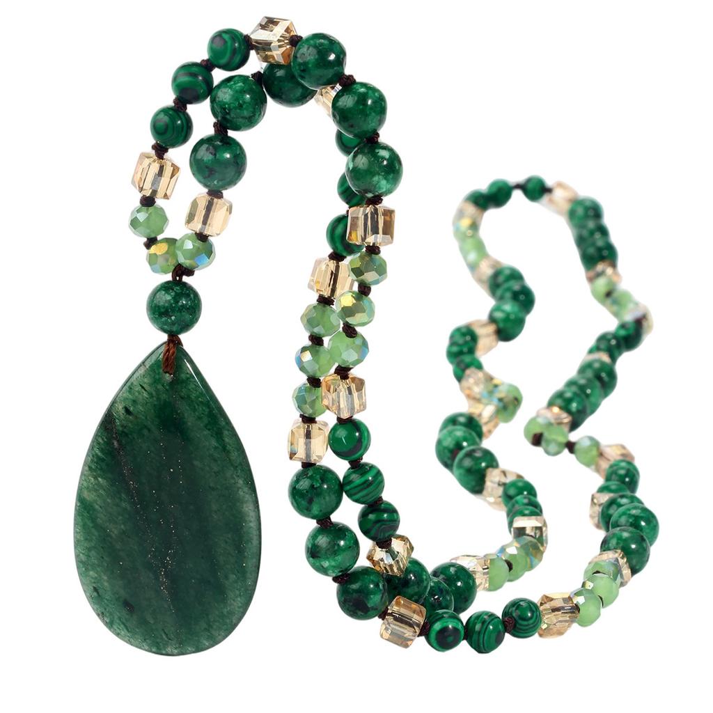 Beads Chain Long Necklaces Green Stone Water Drop Pendant Necklace Sweater Chain Jewelry For Women Gift