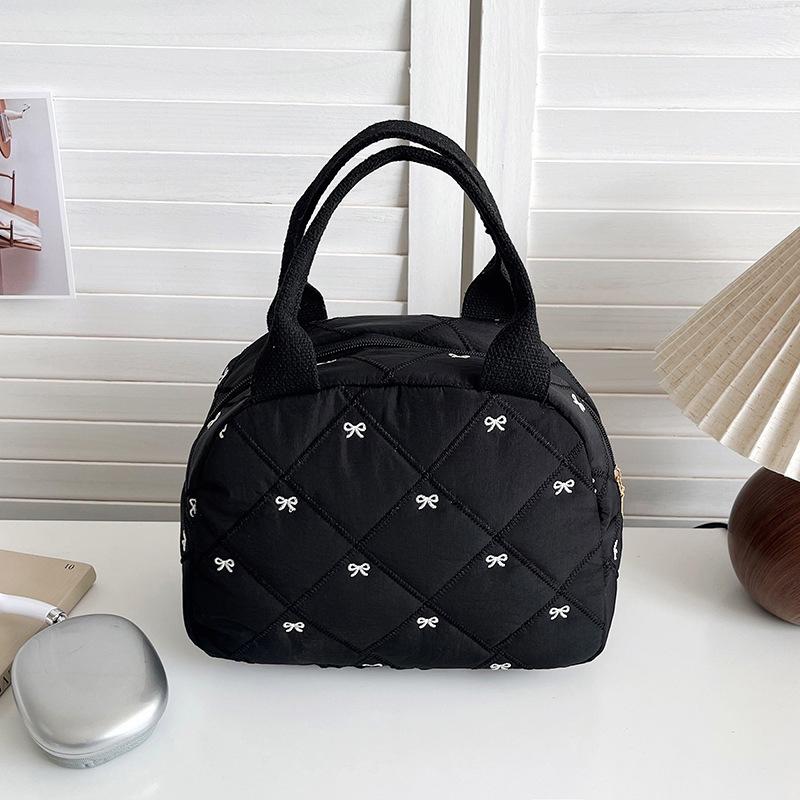 Stitching Embroidery Butterfly Knot Handbag Simple Style Soft Cotton Commuter Lunch Box Bag Student Handheld Bag Pouch