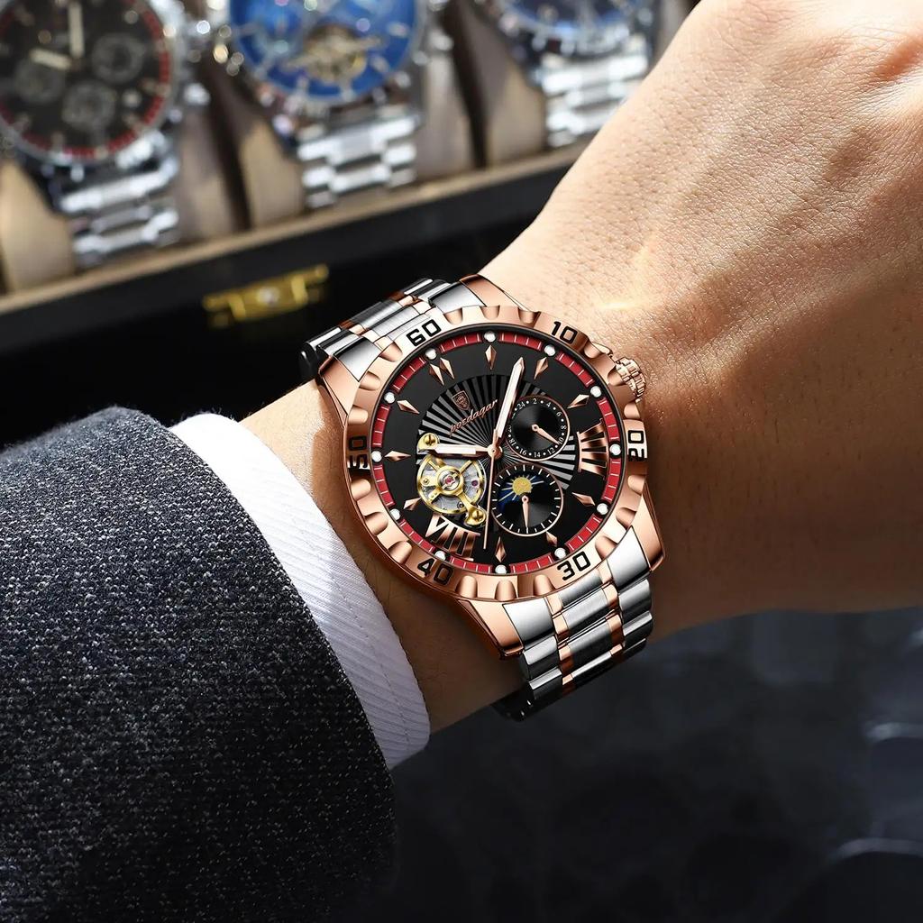 POEDAGAR 1415 Luxus Herren Skelett Tourbillon Automatisch Mechanische Herrenuhr Wasserdicht Leuchtend Edelstahl Herrenuhren